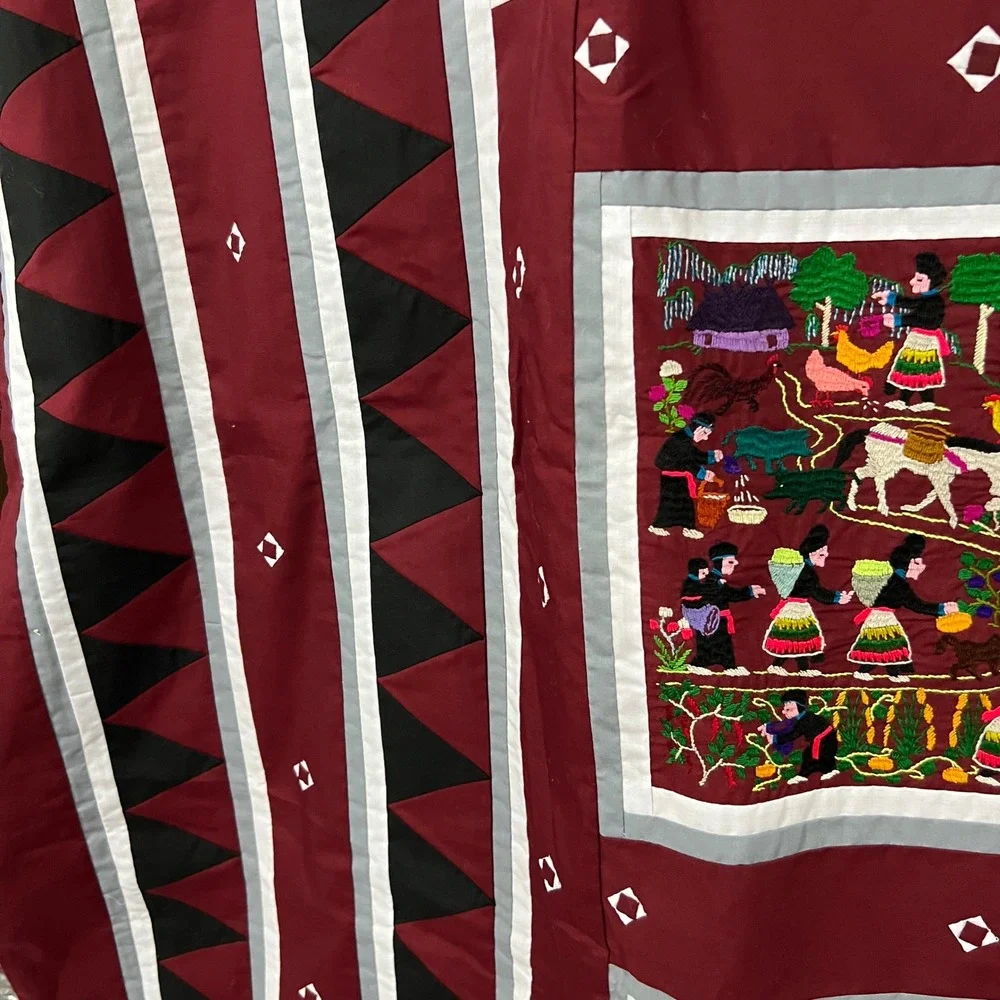 Large Vintage Hmong Story Cloth Bedspread‎ 80x94 Hand Embroidered Full Queen